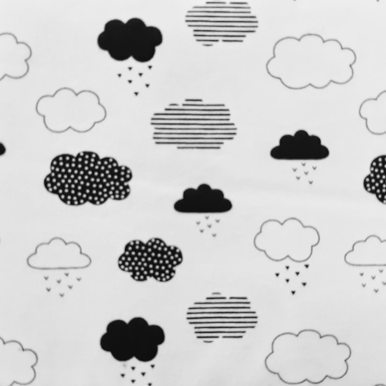 Black & White Cotton Jersey with Clouds Dressmaking Fabric - Click Image to Close