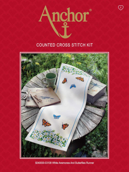 Anchor Table Runner Counted Cross Stitch Kit "White Anemones and Butterflies" 9240000-03109 - Click Image to Close